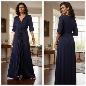 NWT KOH KOH M Dark Romantic Feminine Wedding Guest Navy Jersey Knit Maxi Dress